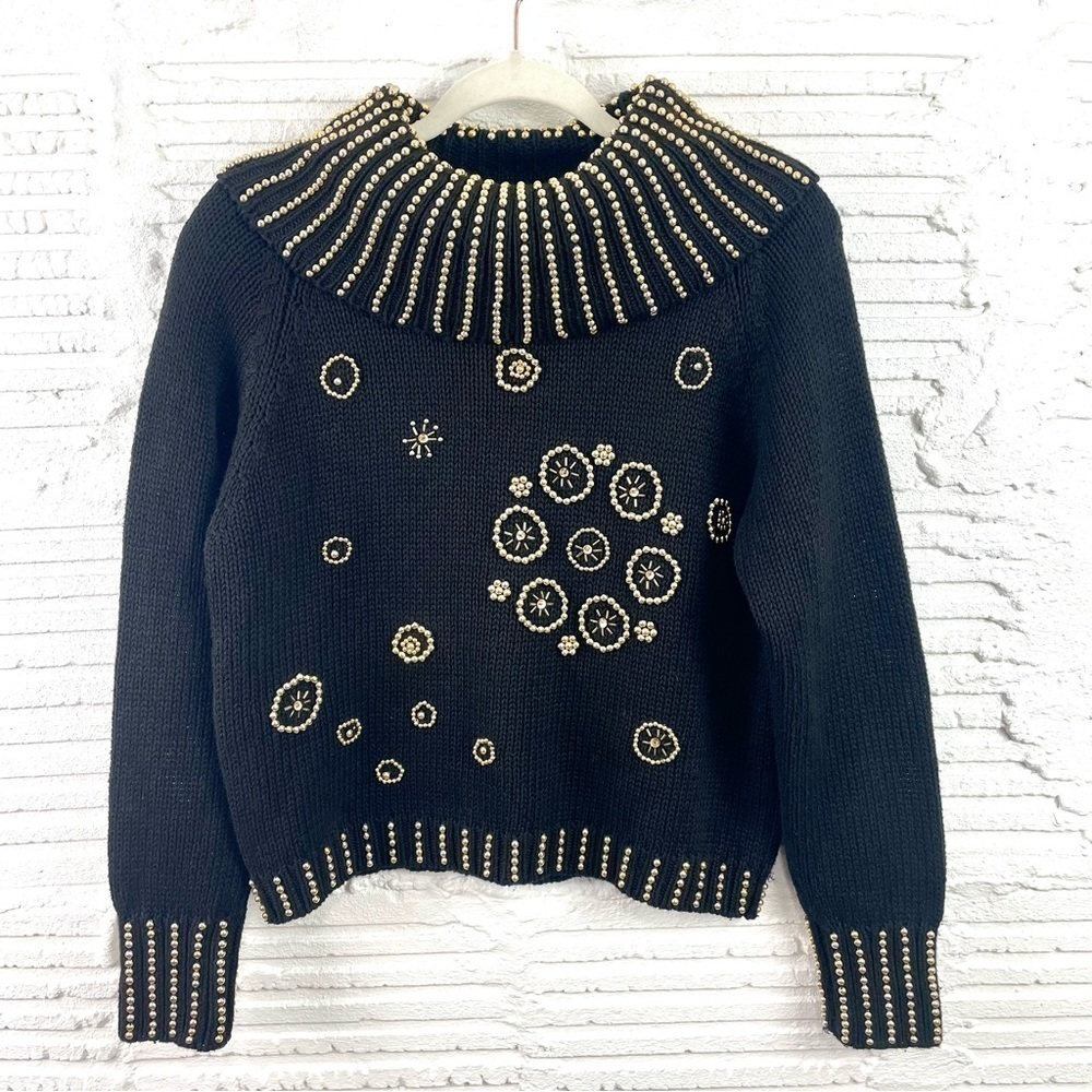 Marmie West Vintage 80s/90s Black Chunky Knit‎ Gold Beaded Eclectic Artsy Glam S